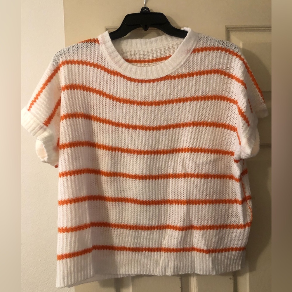 White & Orange Striped Knit Short Sleeve Sweater